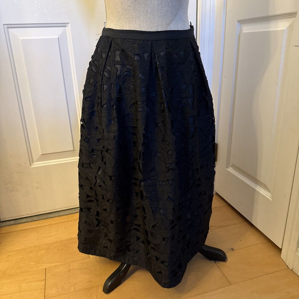SILK SKIRT Talbots Size 8 Black Lace Cut Out Midi Full Skirt